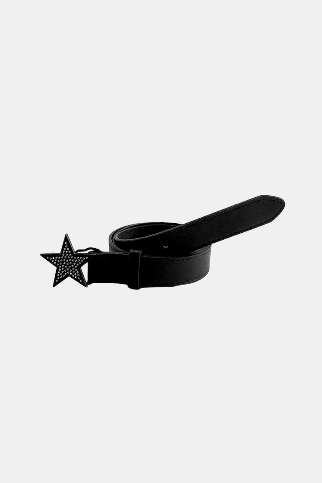 Star Belt - thin black belt with small star charm closure, front view