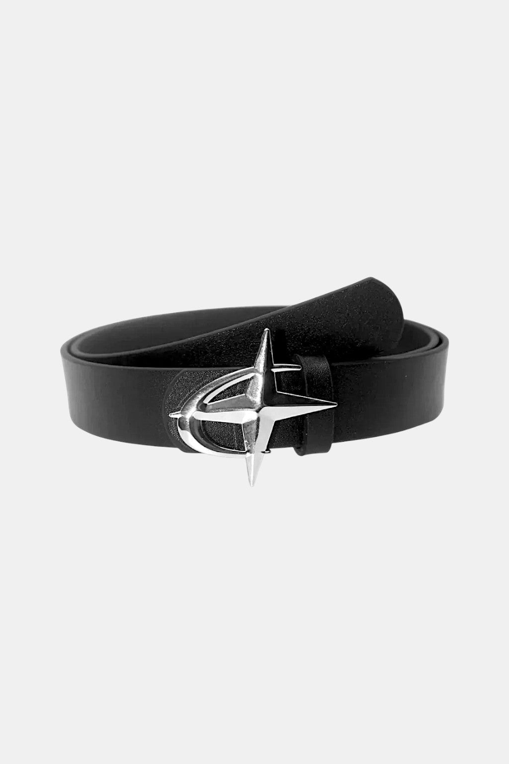 Star Buckle Belt - black belt with large geometric star buckle, front view