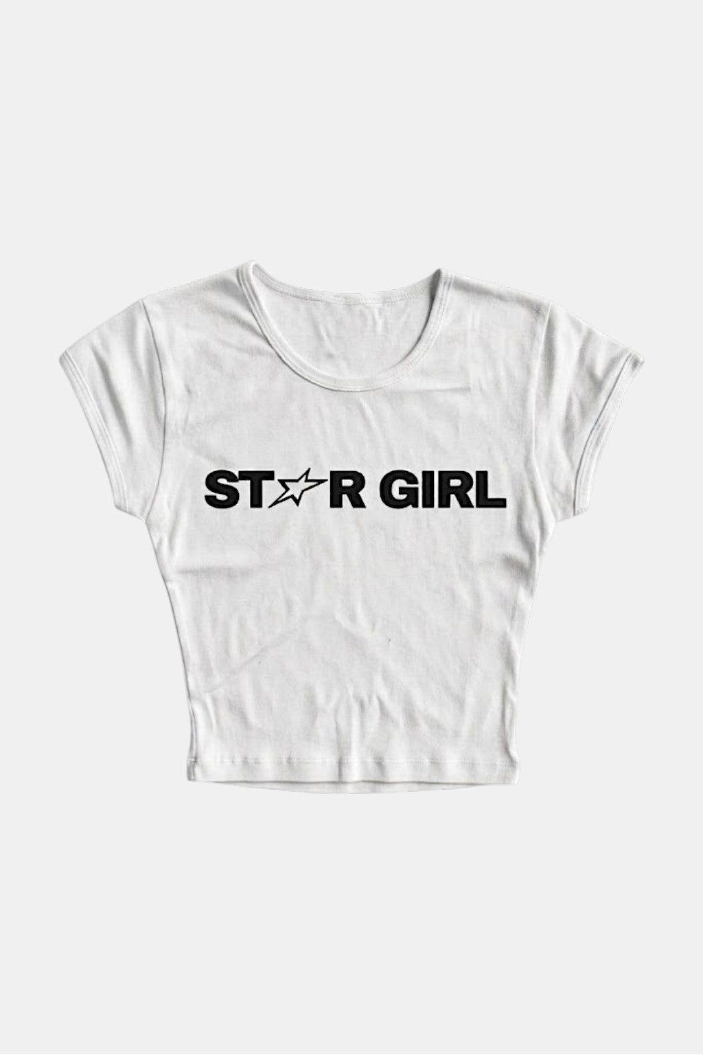 Star Girl Top - white cropped tee with Star Girl text graphic, front view
