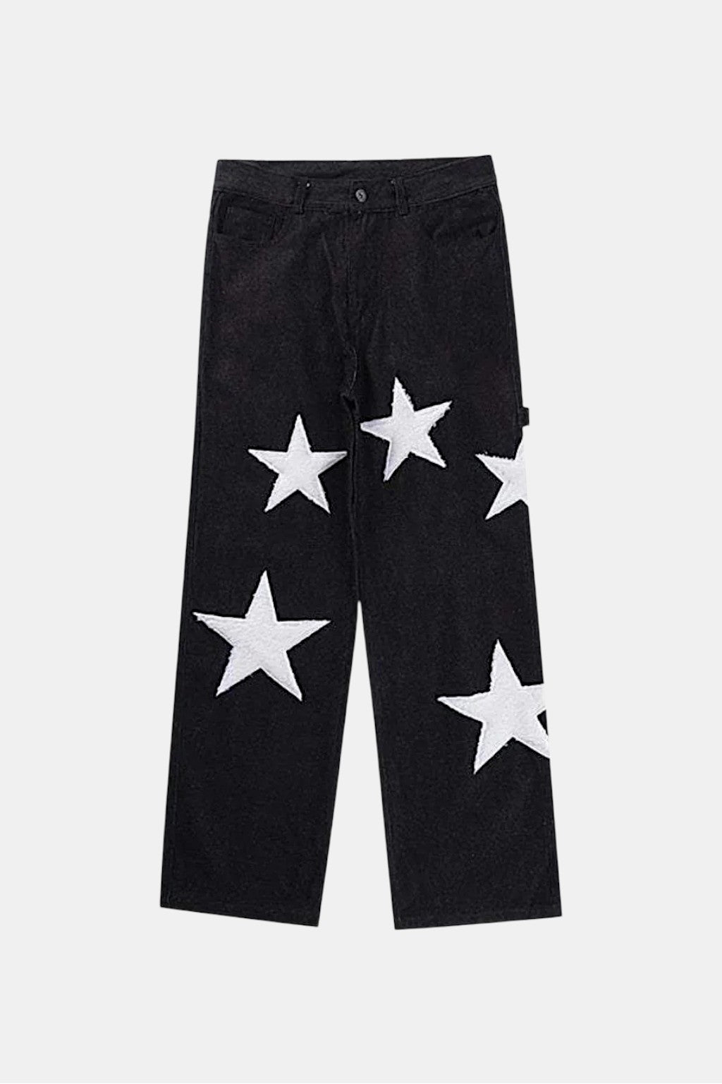 Star Jeans - black jeans with oversized star patch graphics, front view