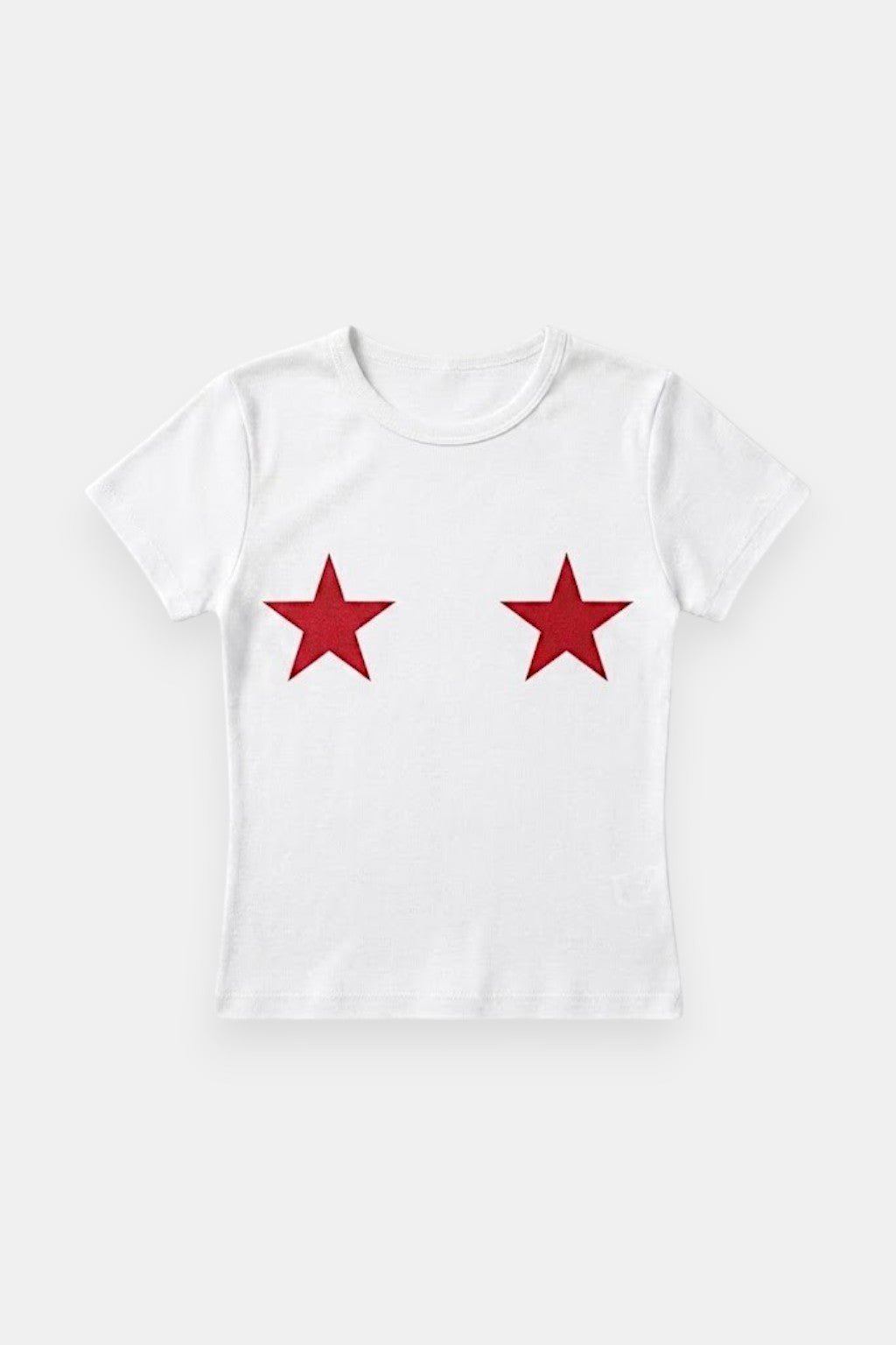 Star Print T-Shirt - white t-shirt with two red star graphics, front view