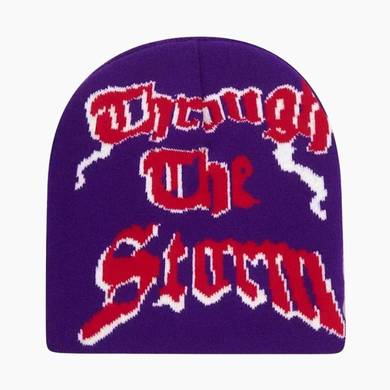 Storm Beanie - purple beanie with distressed gothic text graphic, front view