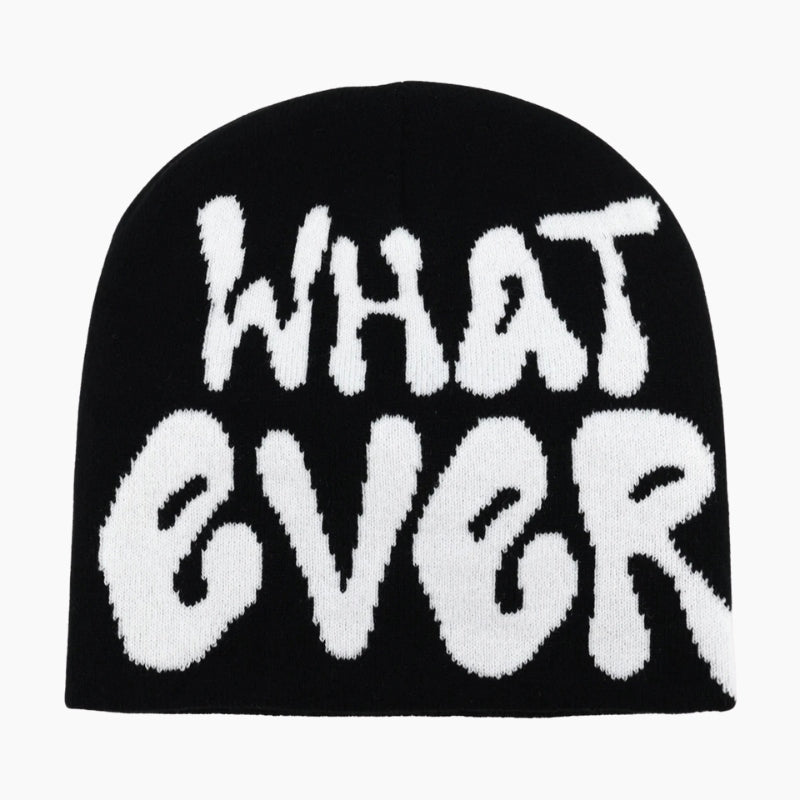 Streetwear Beanie - black beanie with oversized Whatever wordmark graphic, front view