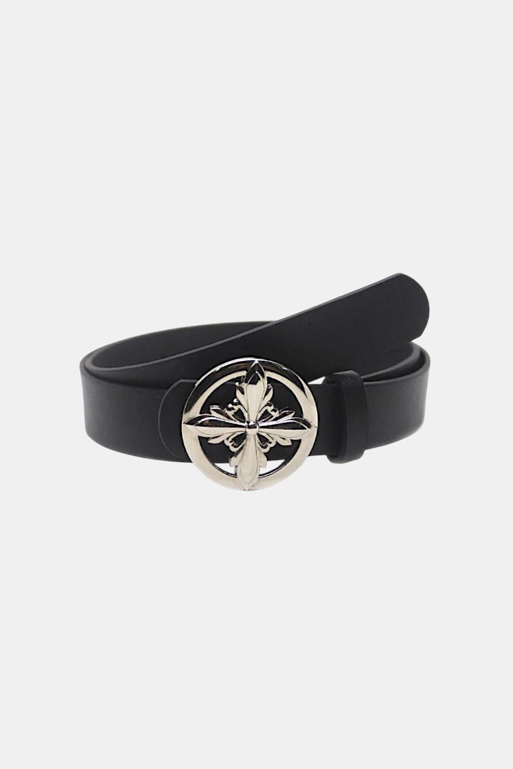 Streetwear Belt - black belt with circular floral cross buckle, front view