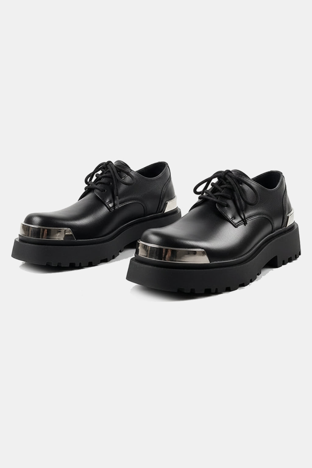 Streetwear Loafers - black lace up shoes with metal toe cap, front view