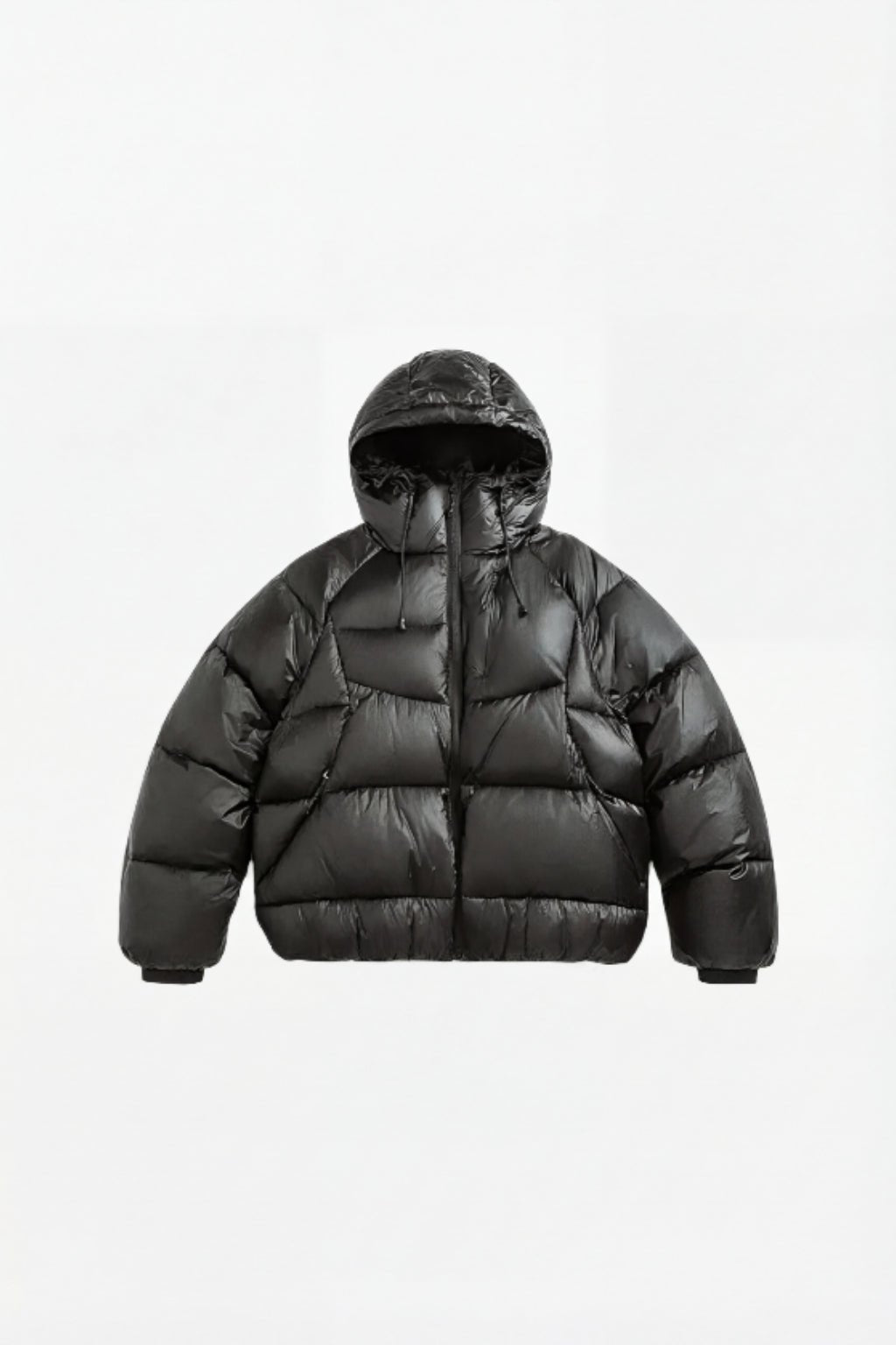 Streetwear Puffer Jacket - black cropped puffer with oversized balloon sleeves and tapered cuffs, front view