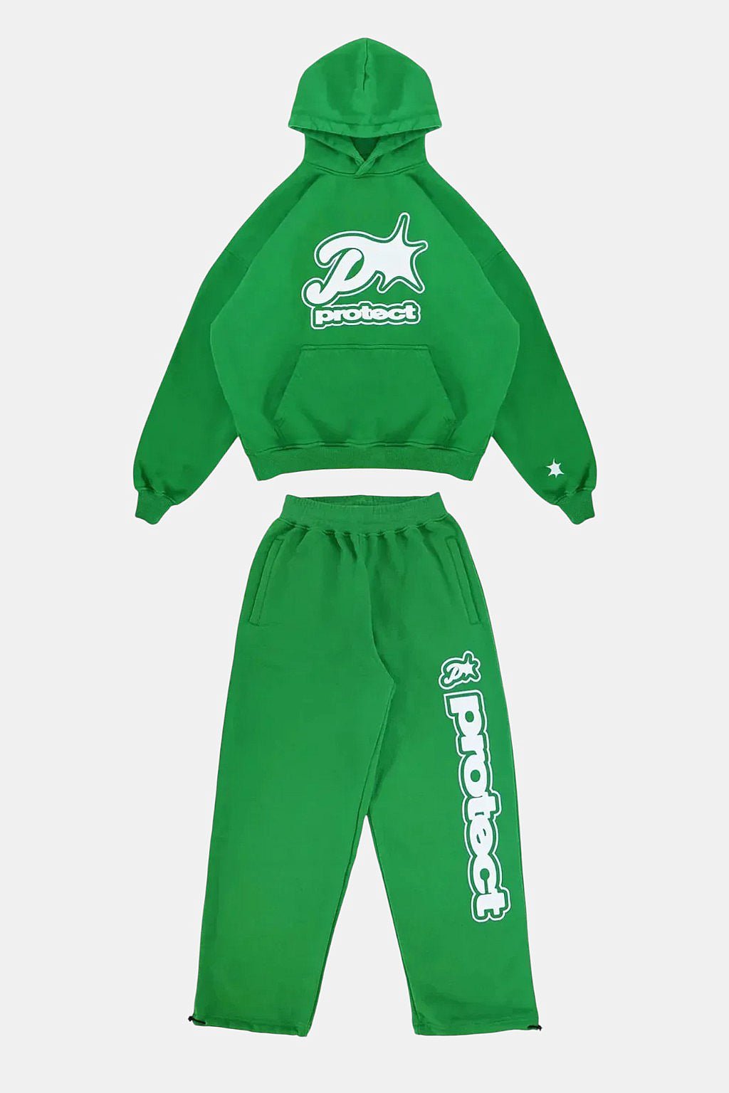 Streetwear Set - green cropped hoodie and joggers with logo graphic, front view