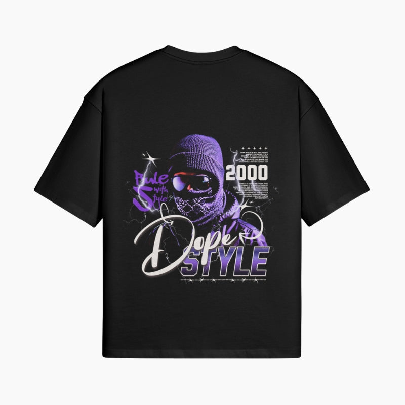 Streetwear T-Shirt Dope Style - black boxy tee with beanie skull graphic and Dope Style script, worn view