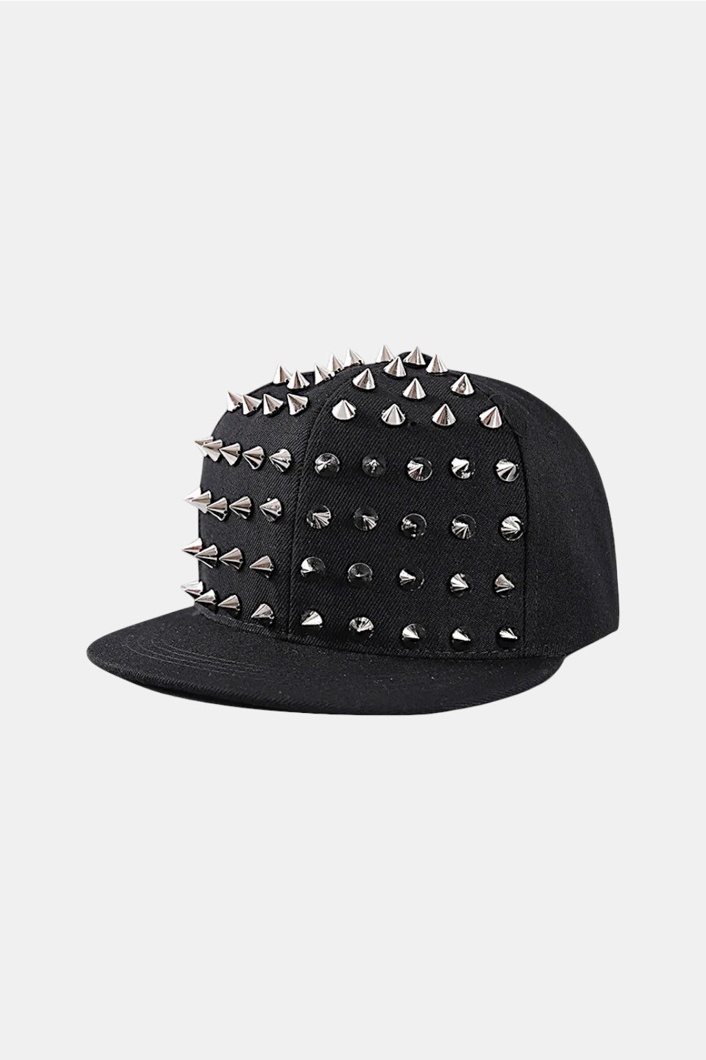 Studded Cap - black cap with pyramid stud brim detail, front view