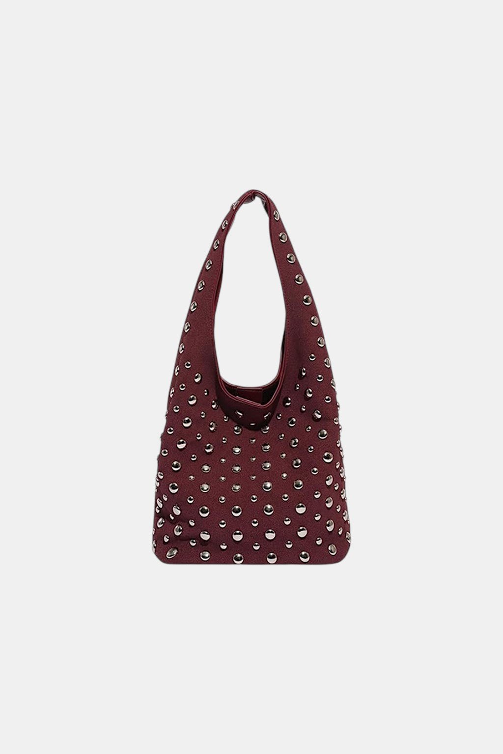 Studded Handbag - burgundy hobo bag with full stud coverage, front view