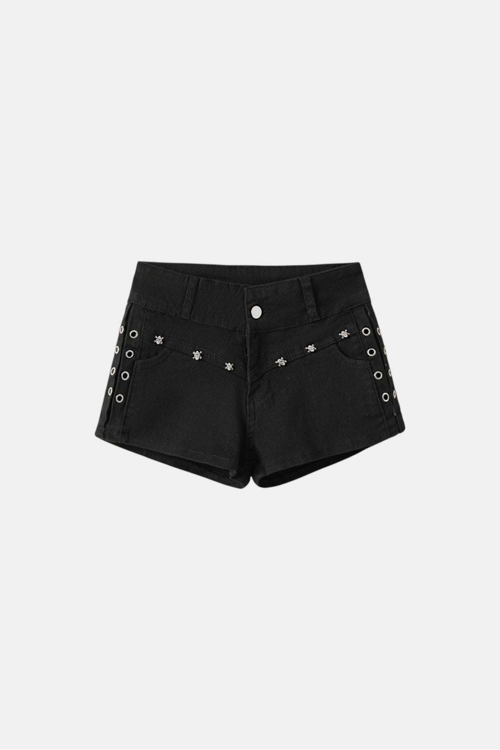 Studded Jean Shorts - black denim shorts with grommet hardware detail, front view