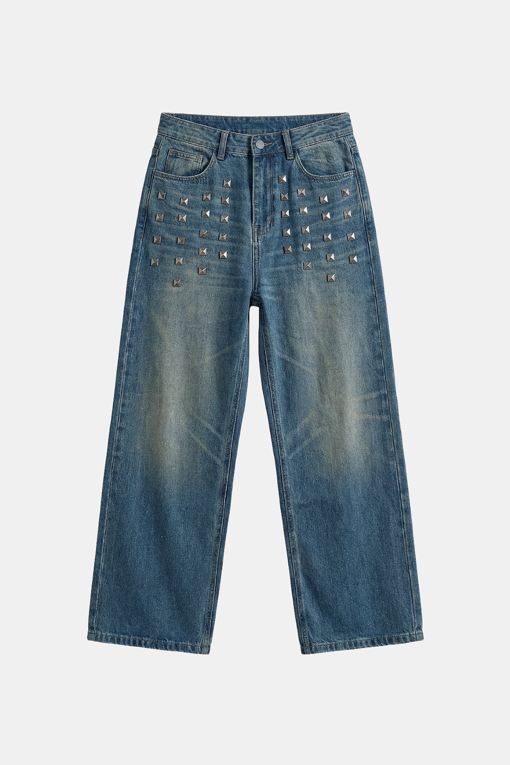 Studded Jeans - light wash wide leg jeans with scattered stud detail, front view