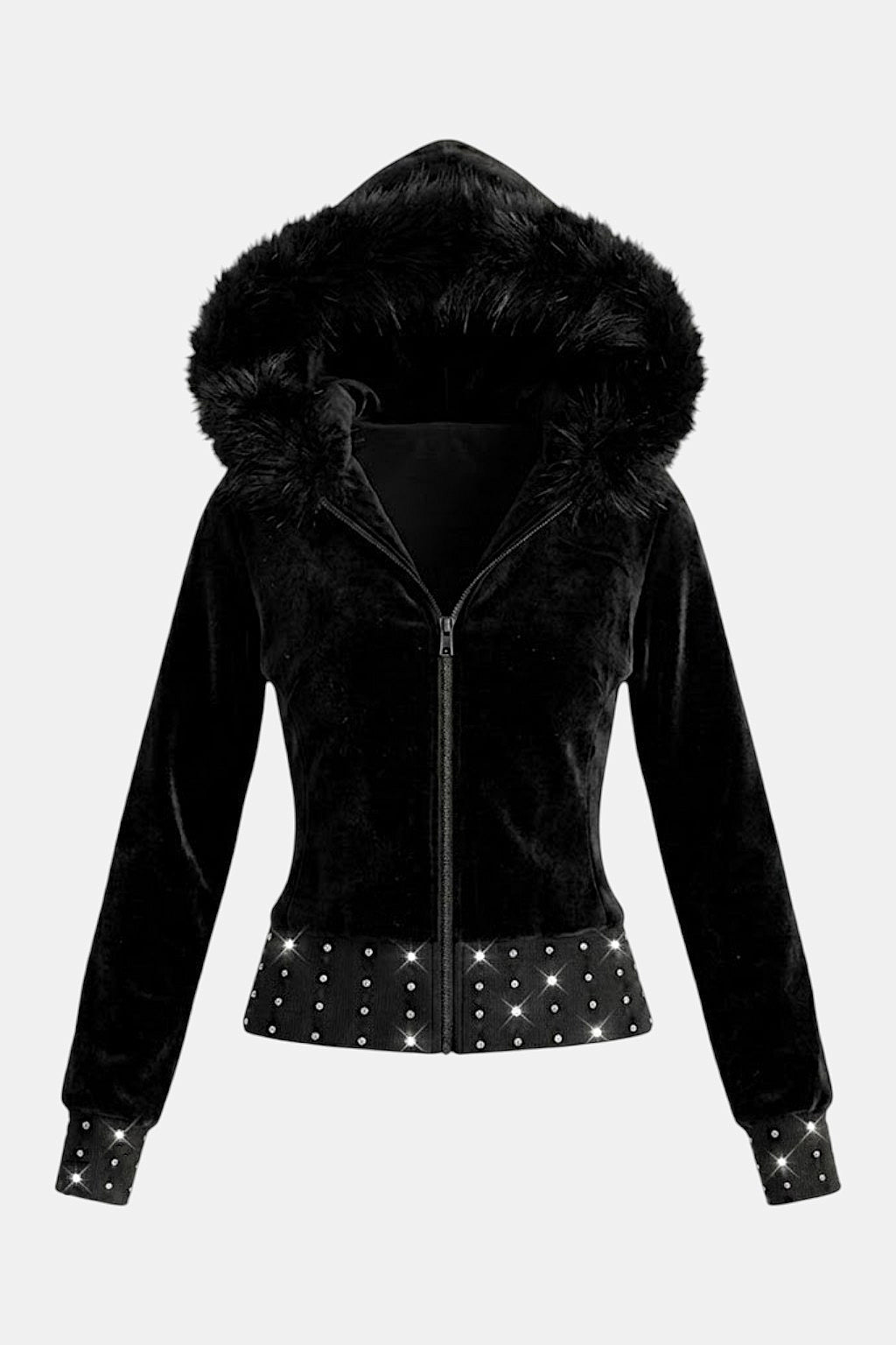 Suede Fur Hoodie - black velvet suede hoodie with fur trim and studded waist, front view