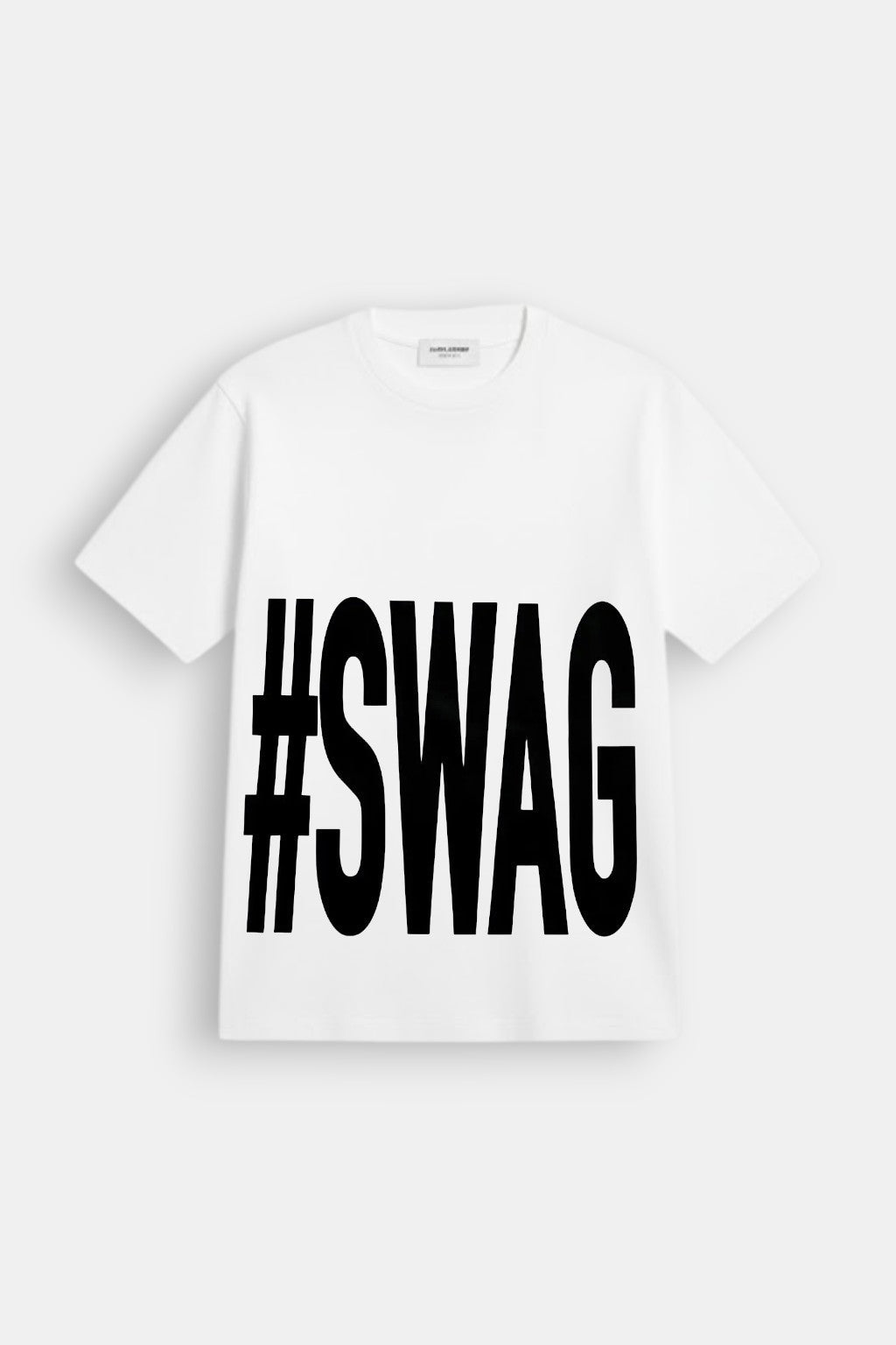 Swag T Shirt - white oversized t-shirt with bold Swag hashtag graphic, front view