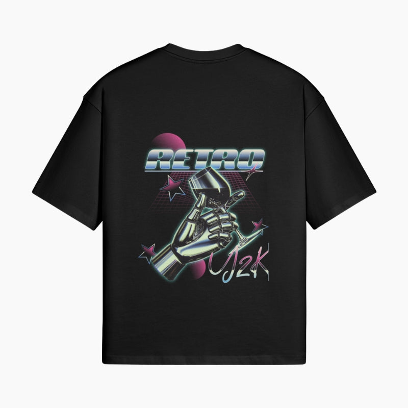Synthwave T-Shirt Retro Chrome - black boxy tee with melting chrome head graphic, worn view