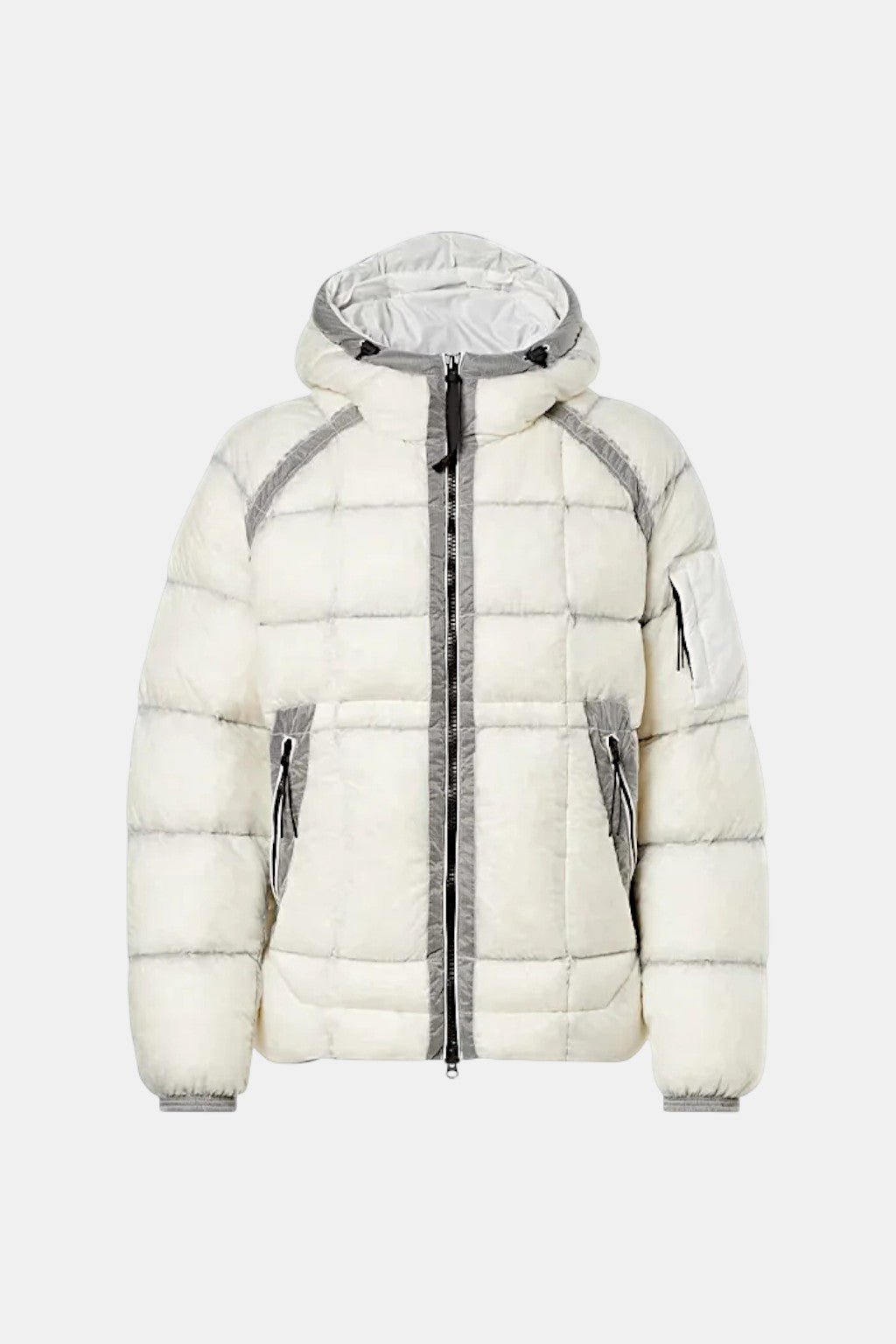 Technical Puffer Jacket - cream gorpcore puffer with reflective grey panel trim and zipped sleeve pocket, front view