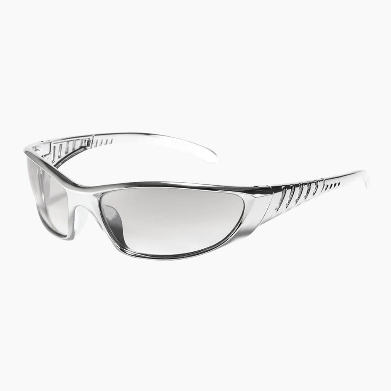 Techwear Sunglasses - silver sport shield sunglasses, front view