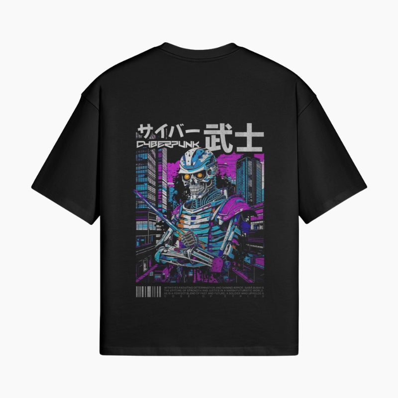 Techwear T-Shirt Digital Samurai - black boxy tee with samurai circuitry hybrid graphic, worn view
