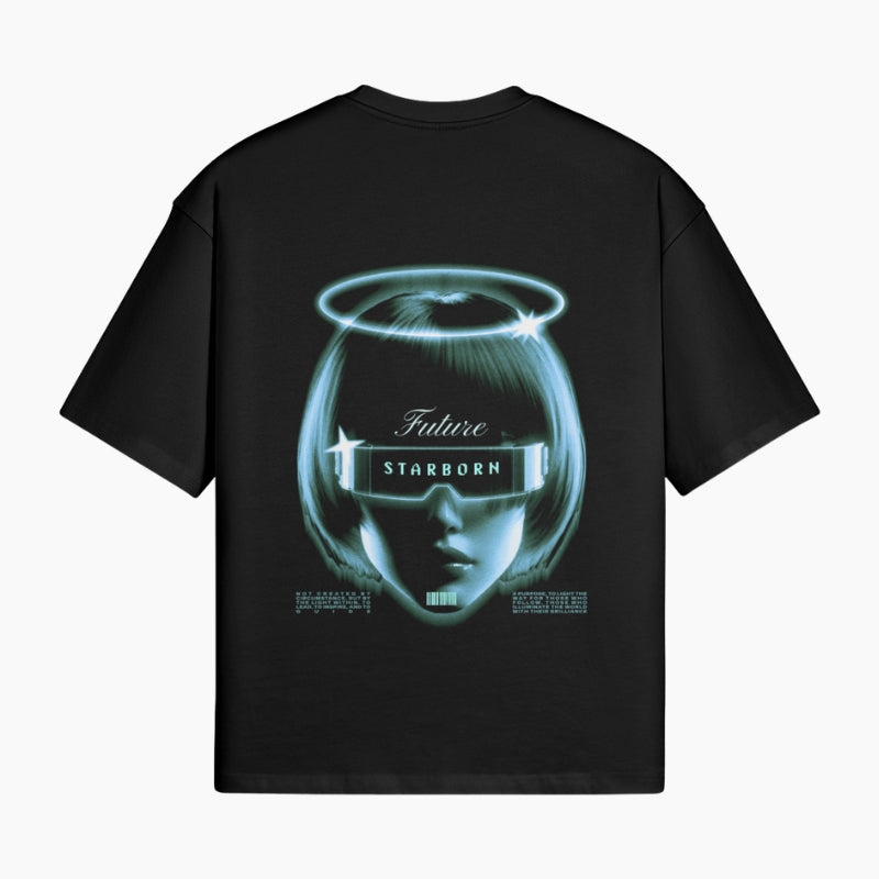 Techwear T-Shirt Future Starborn - black boxy tee with glass encased head and halo graphic, worn view