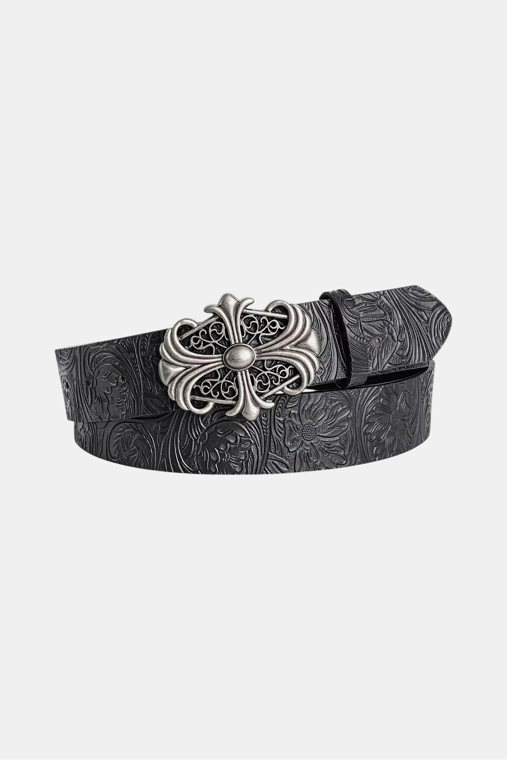 Textured Belt - black belt with carved paisley relief pattern, front view