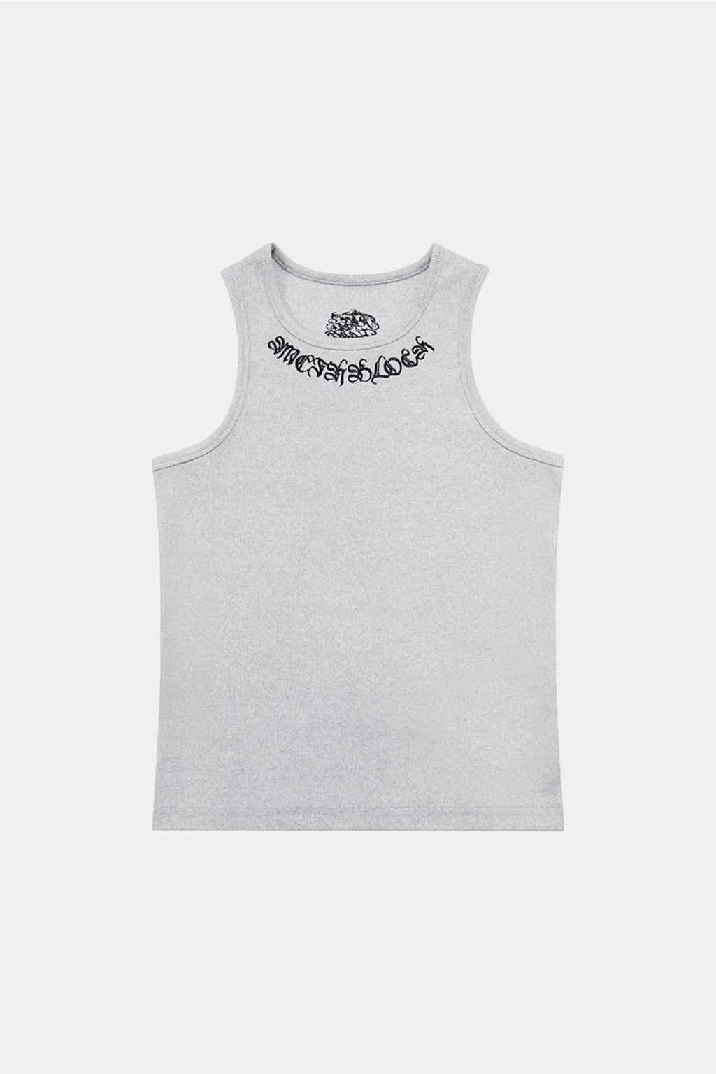 Textured Tank Top - heathered grey ribbed tank with gothic script tag curved at the collar, front view