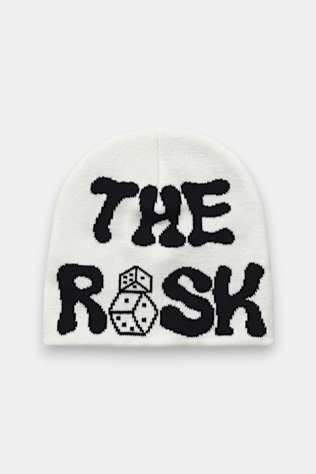 The Risk Dice Beanie - white beanie with bold wordmark and dice graphic, front view