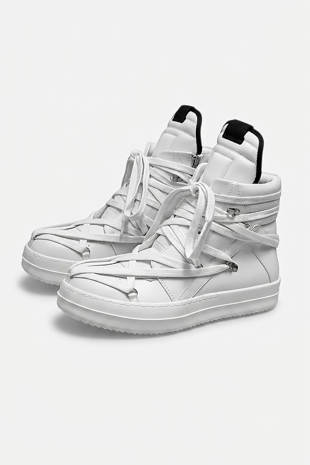 Thick Lace High-Top Sneakers - silver metallic high top sneakers with oversized thick laces, front view