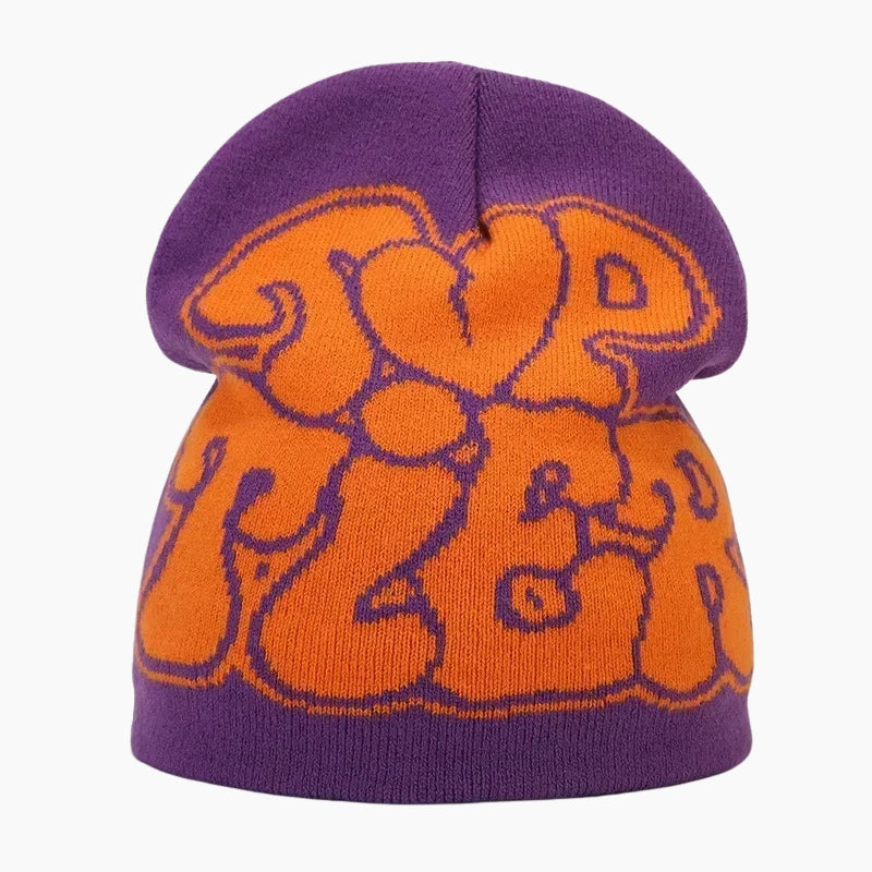 Top Tier Beanie - purple beanie with gradient bubble wordmark graphic, front view
