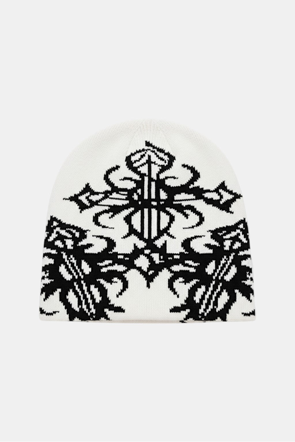 Tribal Beanie - white beanie with tribal and dollar sign linework graphic, front view