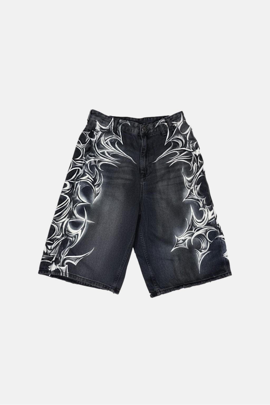 Tribal Jorts - washed denim shorts with tribal linework print, front view