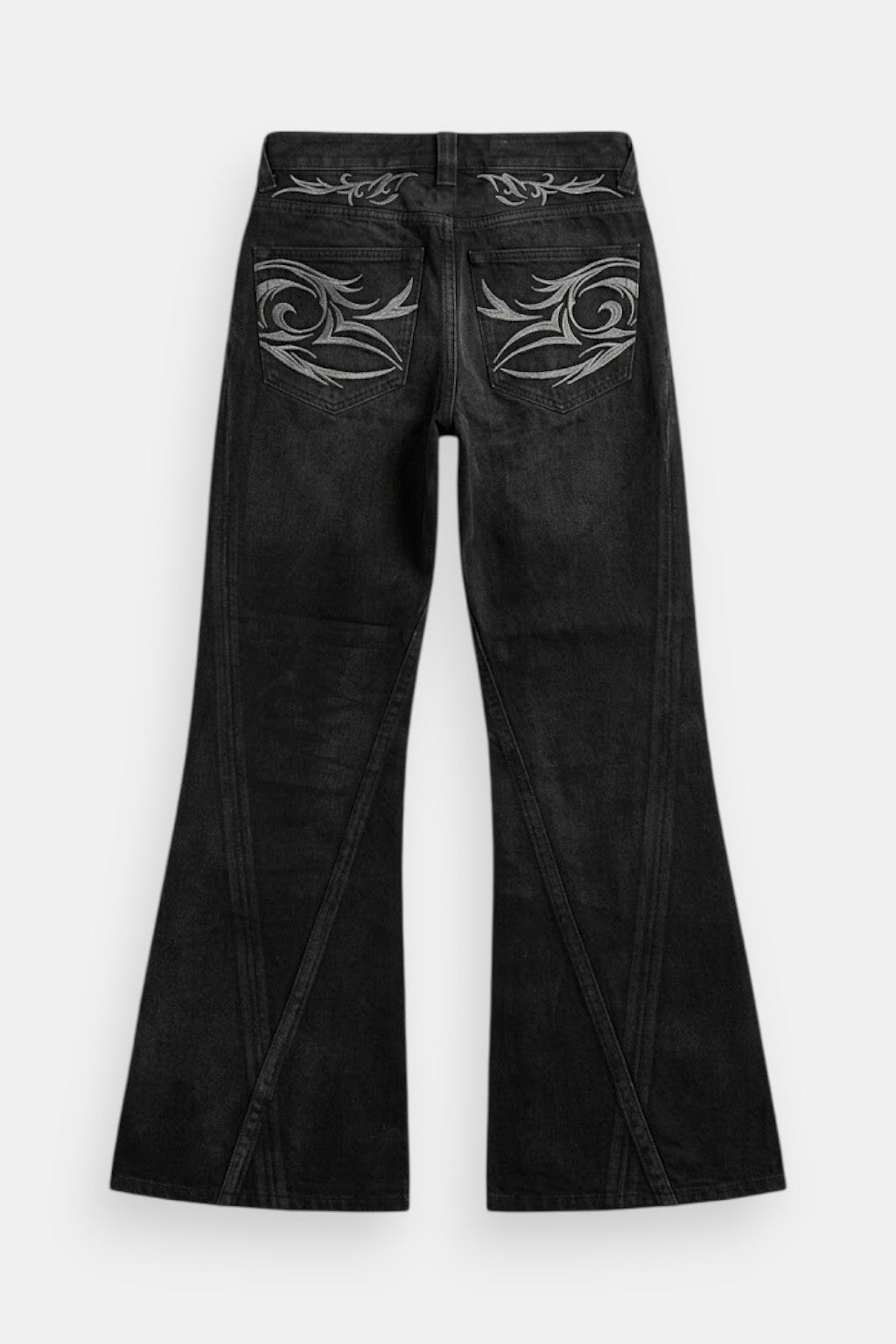 Tribal Print Jeans - black flared jeans with tribal linework, front view