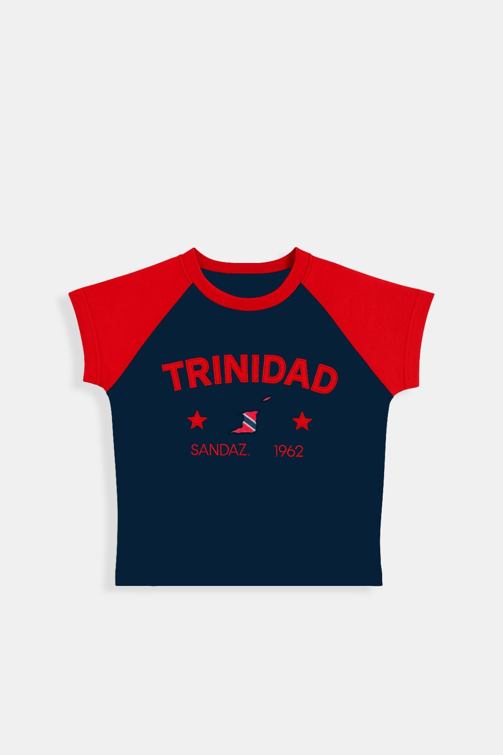 T Shirt Trinidad - navy and red raglan t-shirt with Trinidad graphic, front view