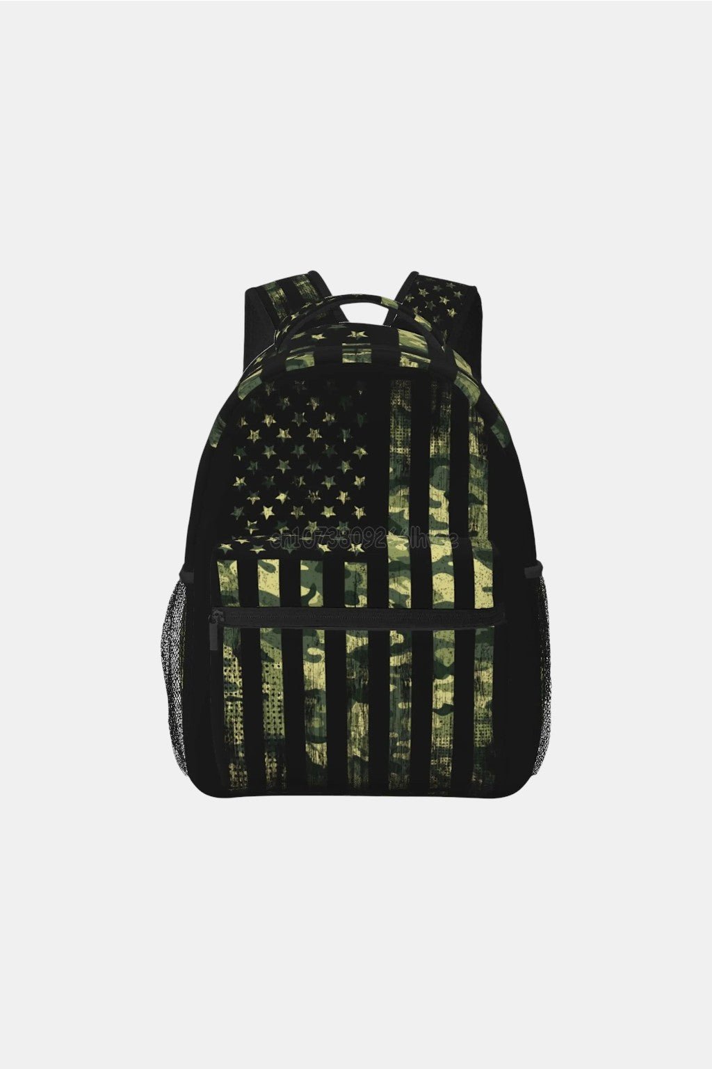 Usa Flag Backpack - black backpack with muted camo striped panel, front view