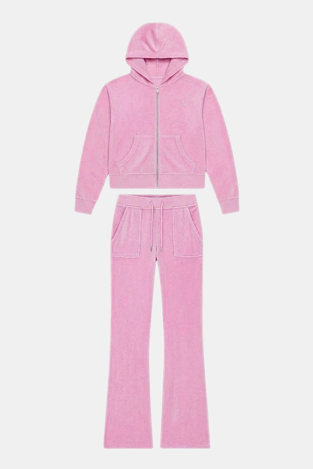 Velour Jogging Set - pink velour cropped hoodie and flared joggers, front view