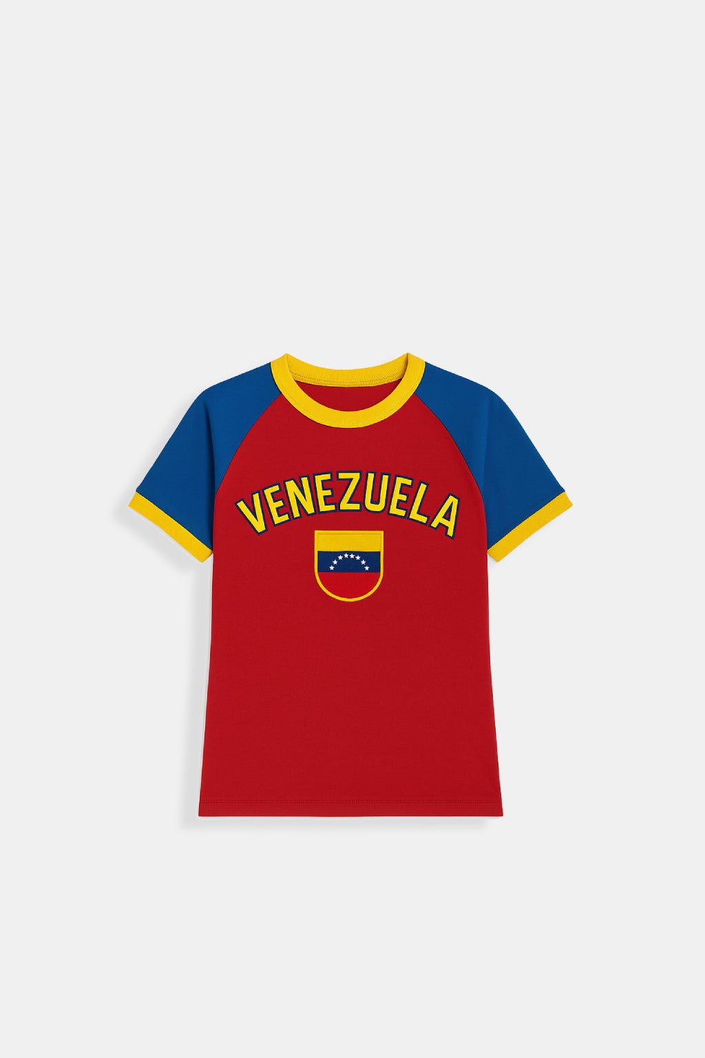 Venezuela T Shirt - red blue and yellow raglan t-shirt with Venezuela flag graphic, front view