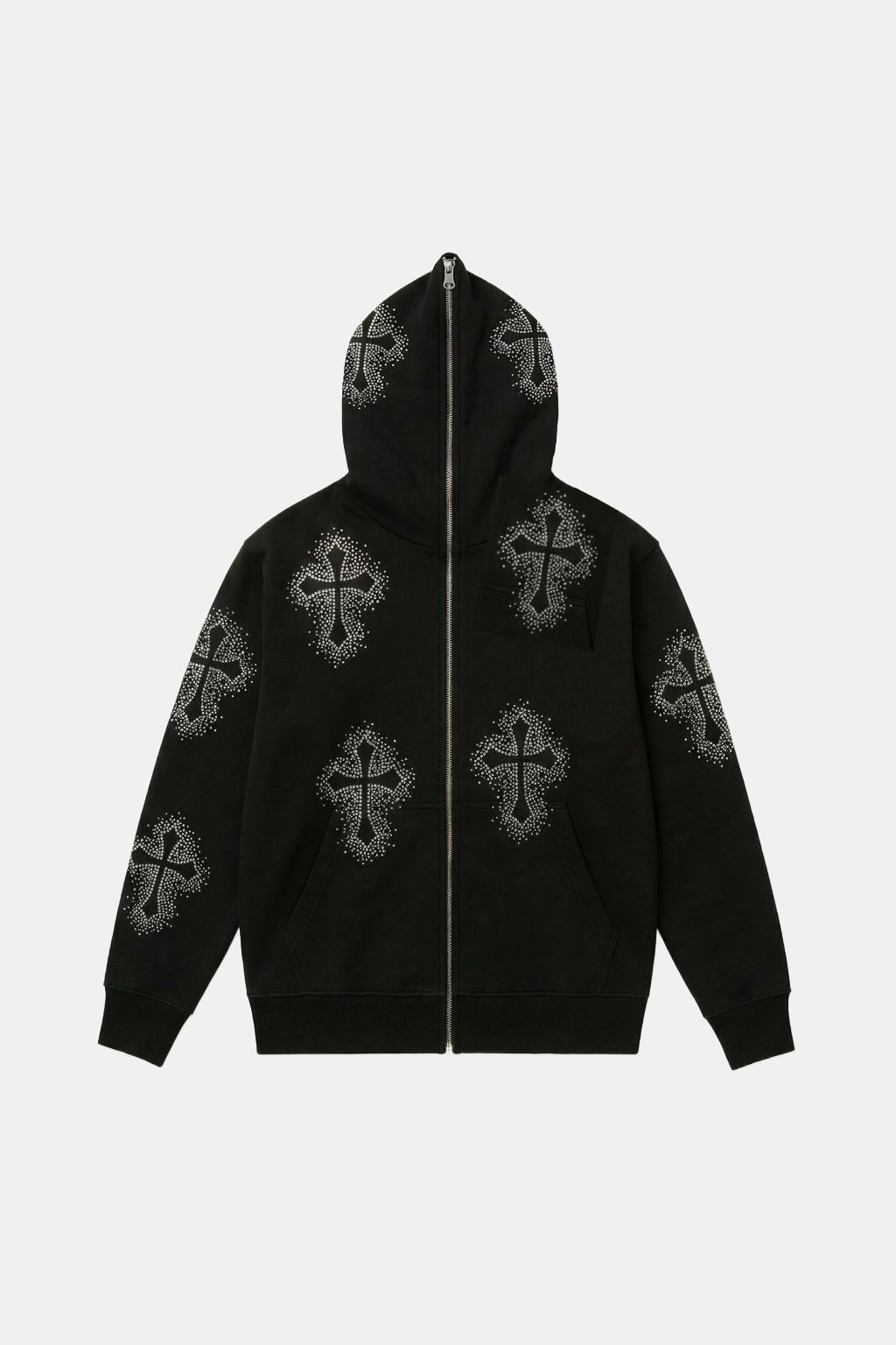 Vest With Rhinestone Crosses - black sleeveless hooded vest with scattered rhinestone crosses, front view