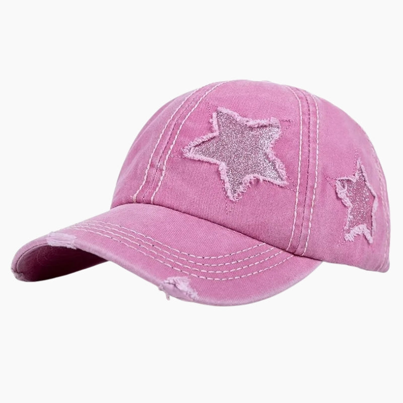 Vintage Baseball Cap - dusty pink washed cap with star patches, front view