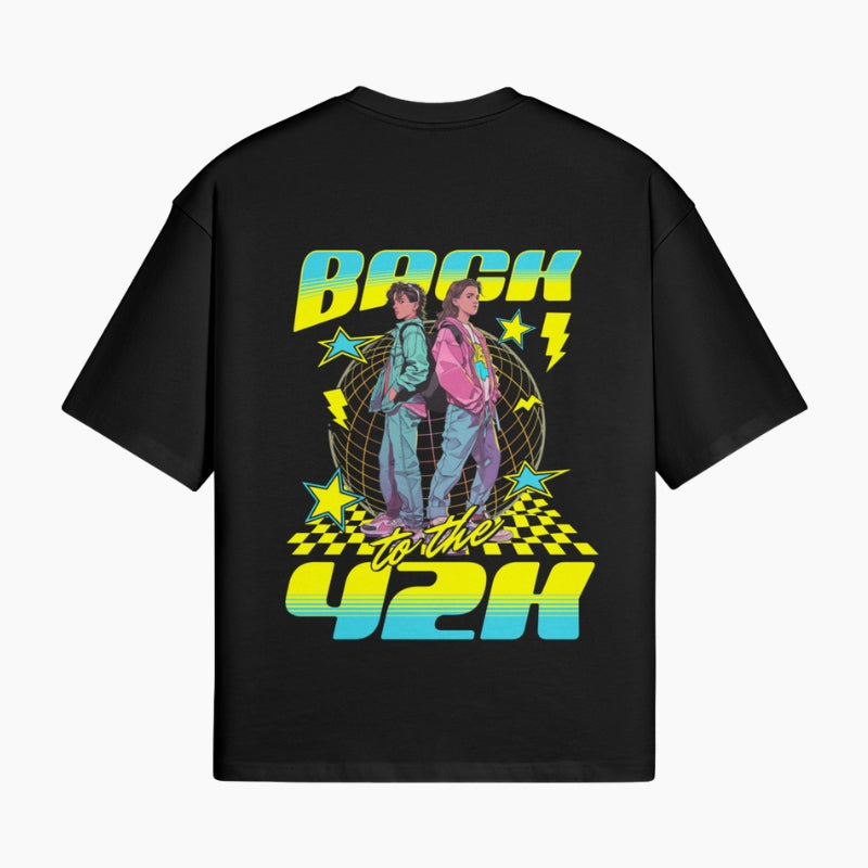 Vintage T-Shirt Back to the Y2K - black boxy tee with lightning bolt poster graphic on back, worn view