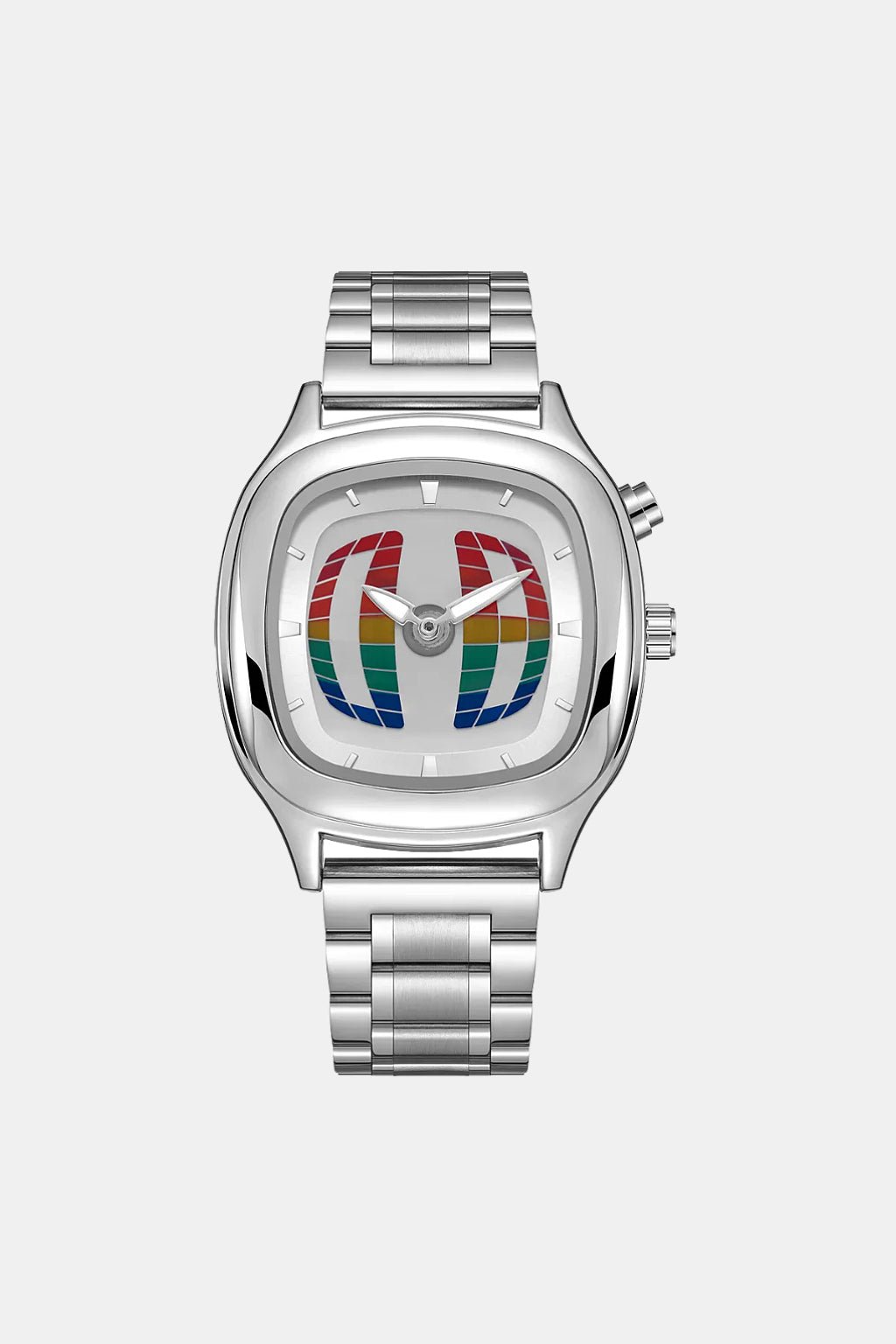Vintage Watch - silver cushion case watch with rainbow dial graphic, front view