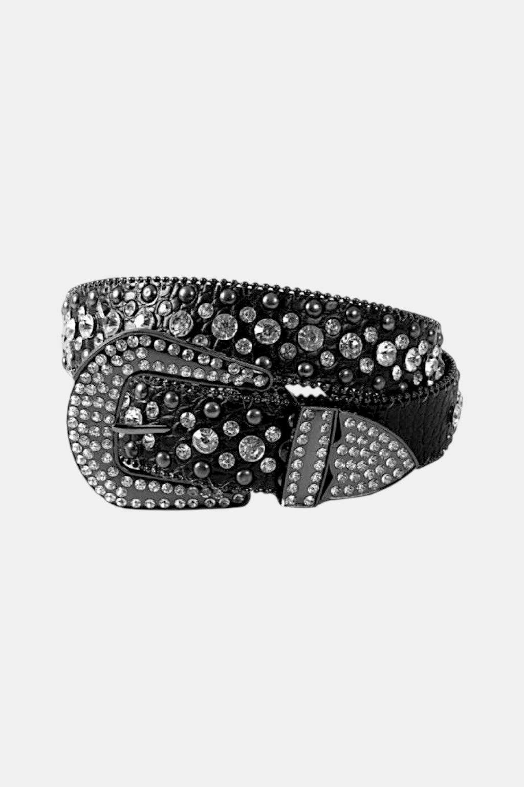 VVS Belt - black belt with full clear rhinestone coverage, front view