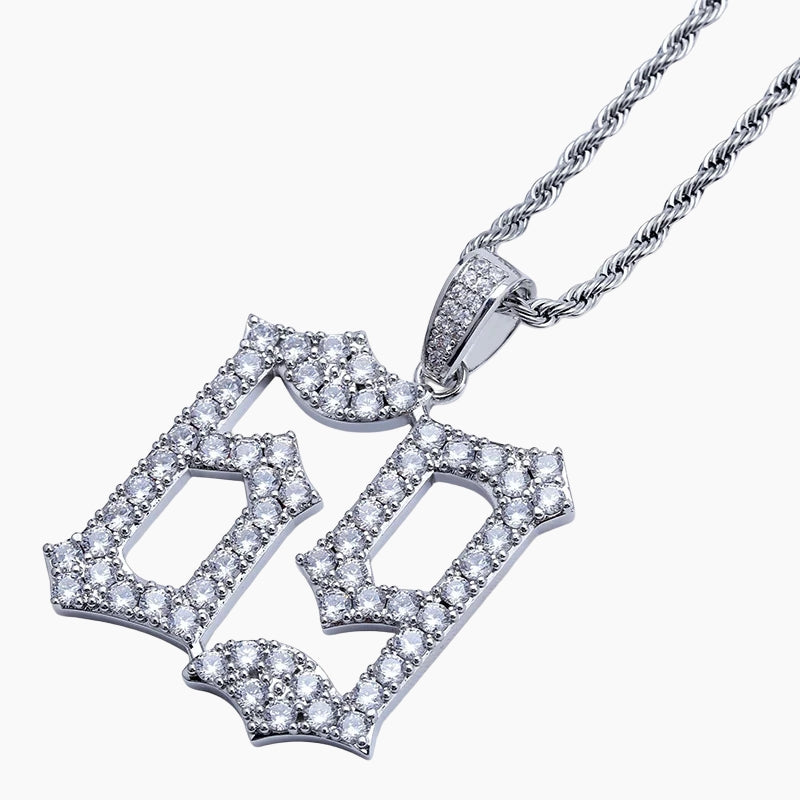 VVS Style Iced 69 Pendant Chain - silver numeral pendant on rope chain, front view