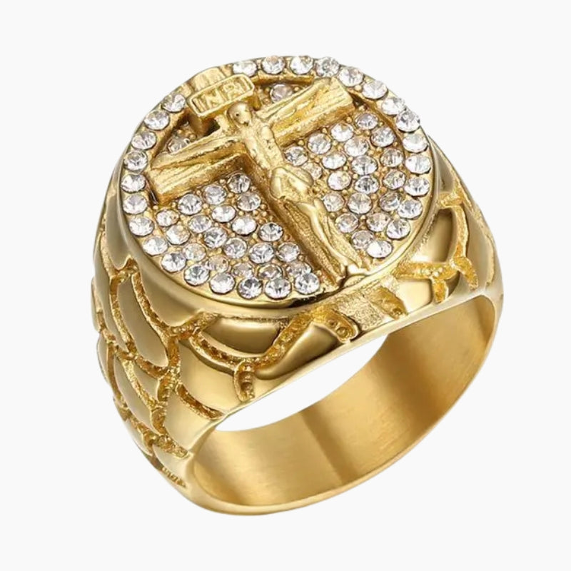 VVS Style Iced Cross Emblem Ring - gold signet ring with cross emblem, front view