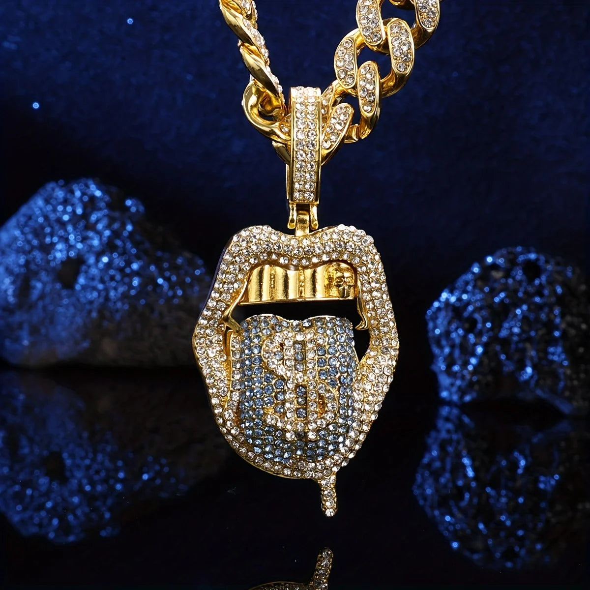VVS Style Iced Dollar Mouth Pendant Chain - gold mouth pendant with dollar sign detail, front view