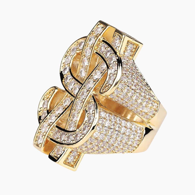VVS Style Iced Dollar Sign Ring - gold coiled dollar sign ring, front view