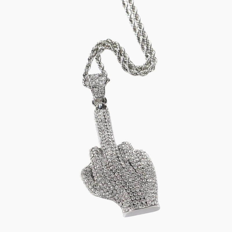 VVS Style Iced Hand Gesture Pendant Chain - silver hand pendant on rope chain, front view