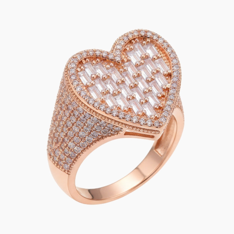 VVS Style Iced Heart Ring - rose gold fully iced heart ring, front view