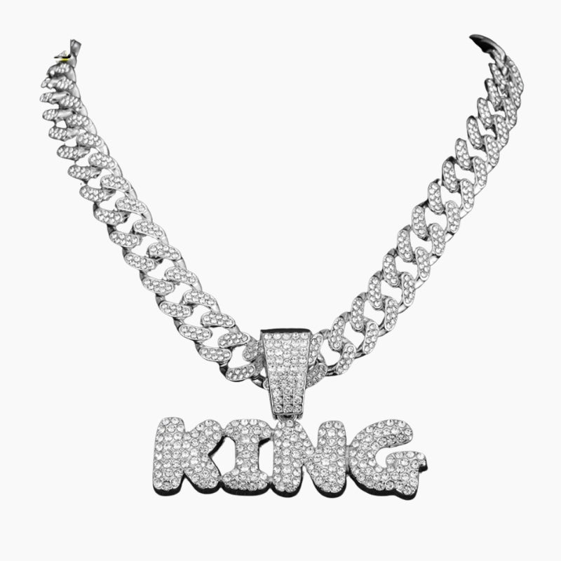 VVS Style Iced King Letter Pendant Chain - silver K letter pendant with crown, front view