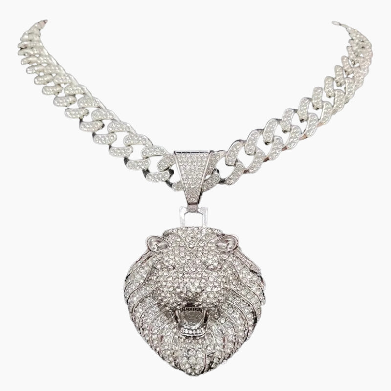VVS Style Iced Lion Head Pendant Chain - silver lion head pendant, front view