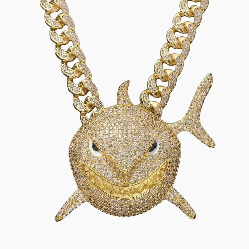 VVS Style Iced Shark Pendant Chain - gold shark head pendant, front view