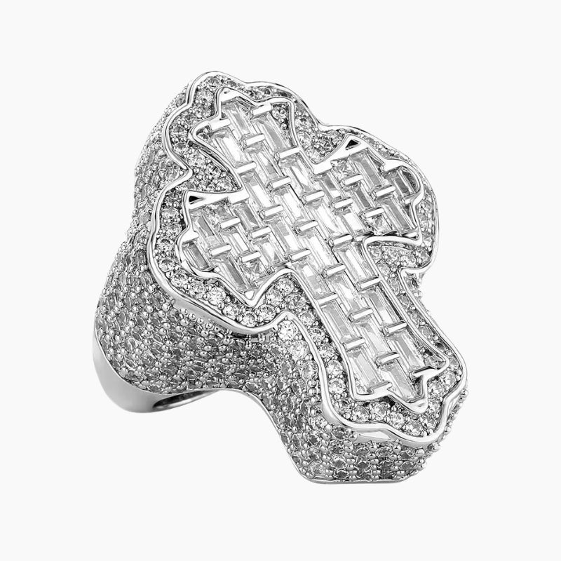 VVS Style Iced Woven Cross Ring - silver woven texture cross ring, front view